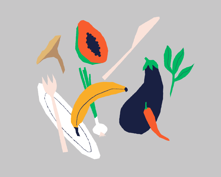 Food, vegan, aubergine, banana, knife, fork, papaya, chilli, plate, mushroom, spring onion, illustration